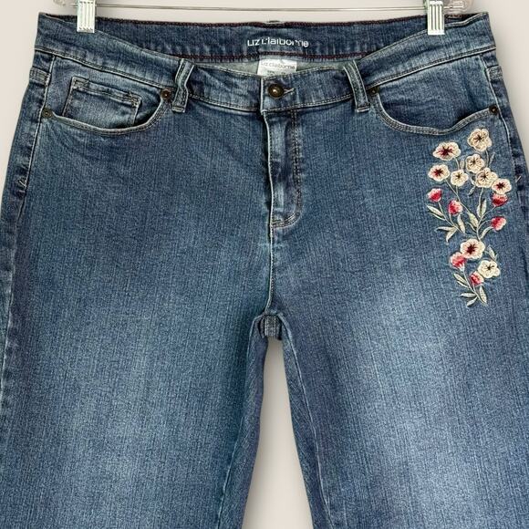 Liz Claiborne Classic Denim Blue Jeans Stretchy Women Size 16 Floral Embroidery - Picture 3 of 11